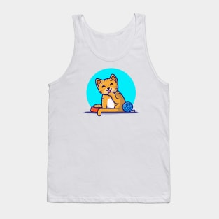 Cute Cat with Yarn Ball Cartoon Vector Icon Illustration Tank Top